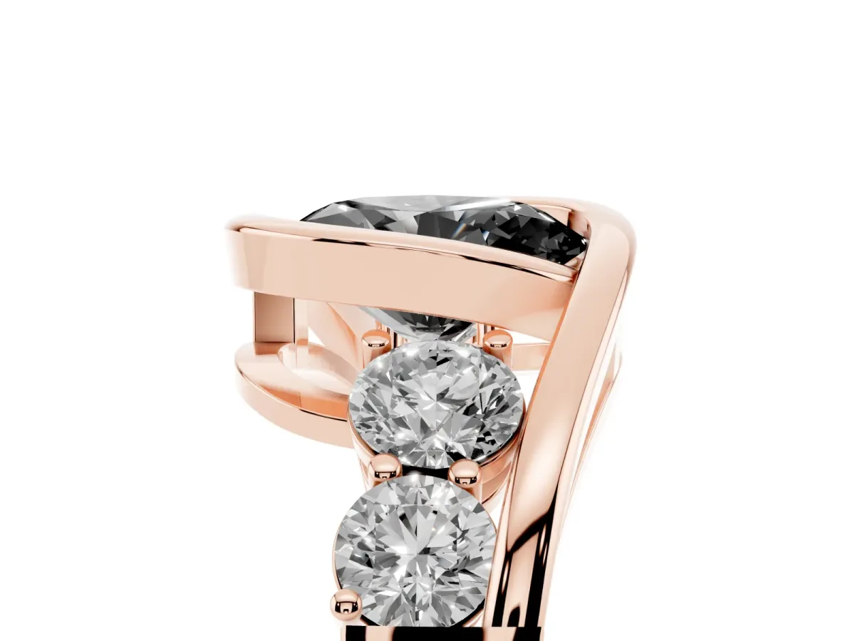 Fancy Black Bezel Set Oval Cut Diamond Bypass Ring with Round Accents Rose gold