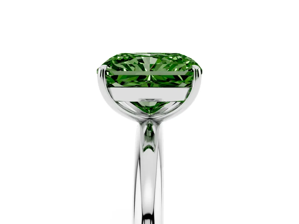 Fancy Green Radiant Cut Solitaire Diamond Ring with Four-Prong Setting on a Plain Band Platinum
