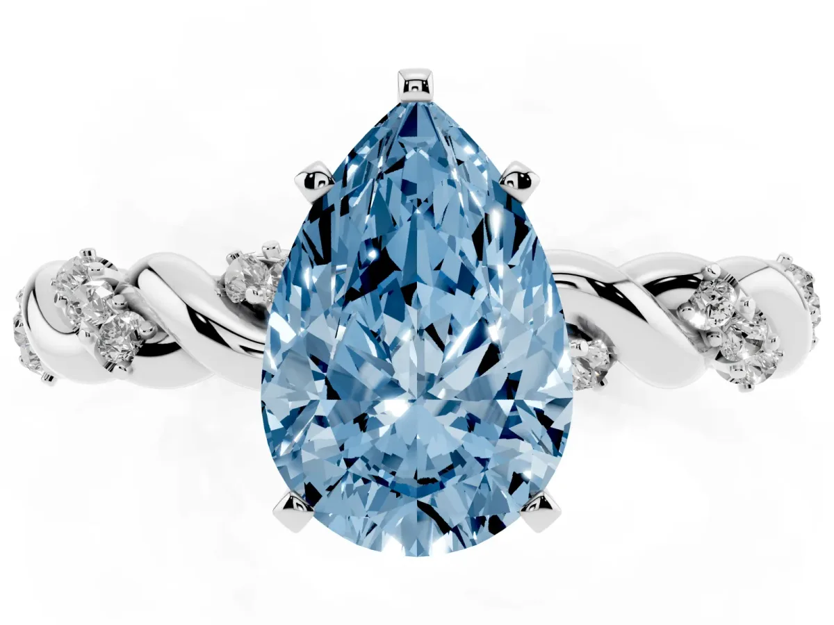 Fancy Blue Pear Cut Diamond Solitaire Ring with Twisted Band and Pavé Accents Silver