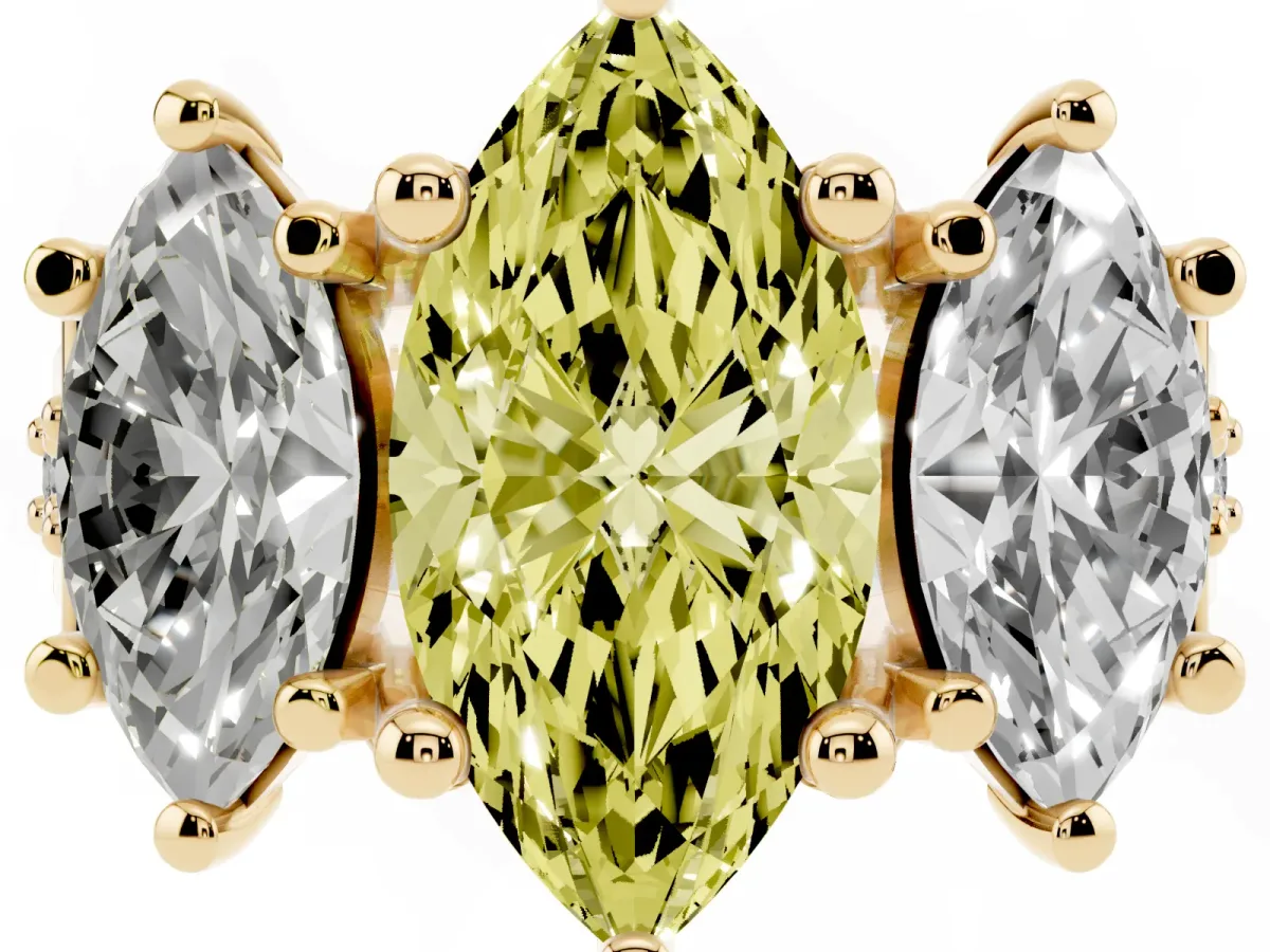 Fancy Yellow Marquise Cut Diamond Three-Stone Ring with Channel Set Band and Four-Prong Setting Yellow gold
