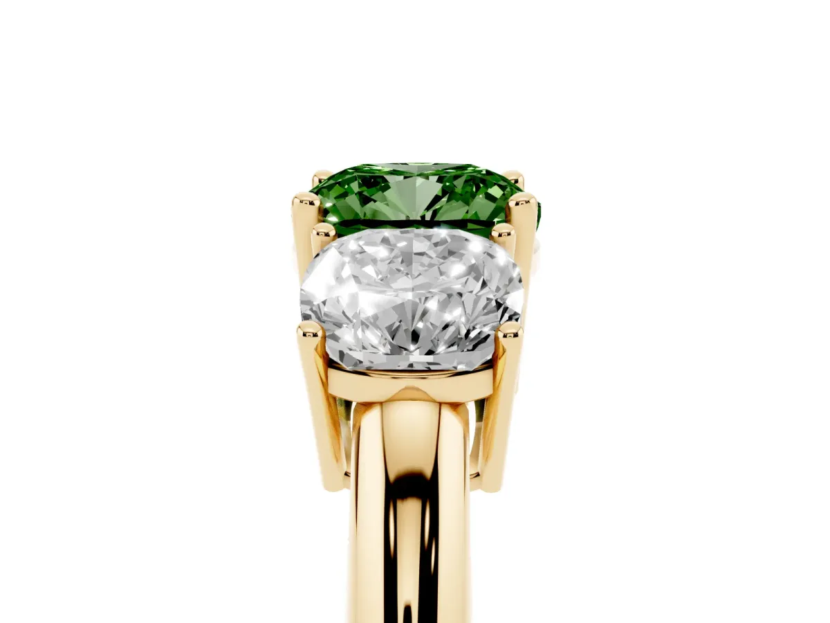Fancy Green Three-Stone Cushion Cut Cut Diamond Engagement Ring with Prong Setting on a White Gold Band Yellow gold