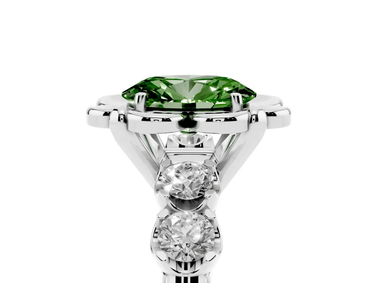 Fancy Green Oval Cut Cut Diamond Floral Halo Engagement Ring with Shared Prong Setting Silver
