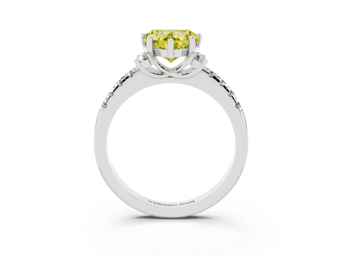Fancy Yellow Heart Cut Diamond Three-Stone Pave Band with Four-Prong Setting Silver