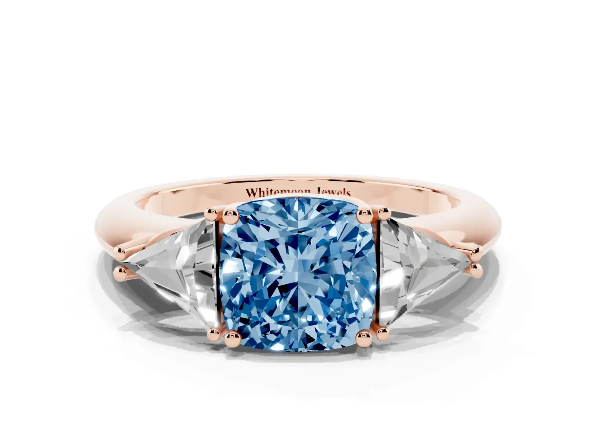 Fancy Blue Three-Stone Cushion Cut Diamond Engagement Ring with Trillion Side Stones and Prong Setting Rose gold