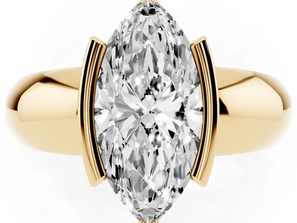 Marquise Cut Solitaire Tension Set Diamond Ring with Wide Band Yellow gold