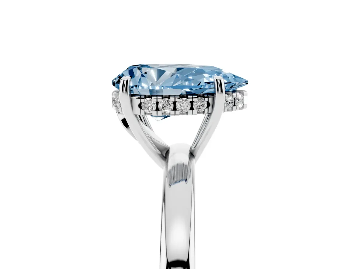 Fancy Blue Pear Cut Solitaire Diamond Ring with Prong Setting and Plain Band Platinum