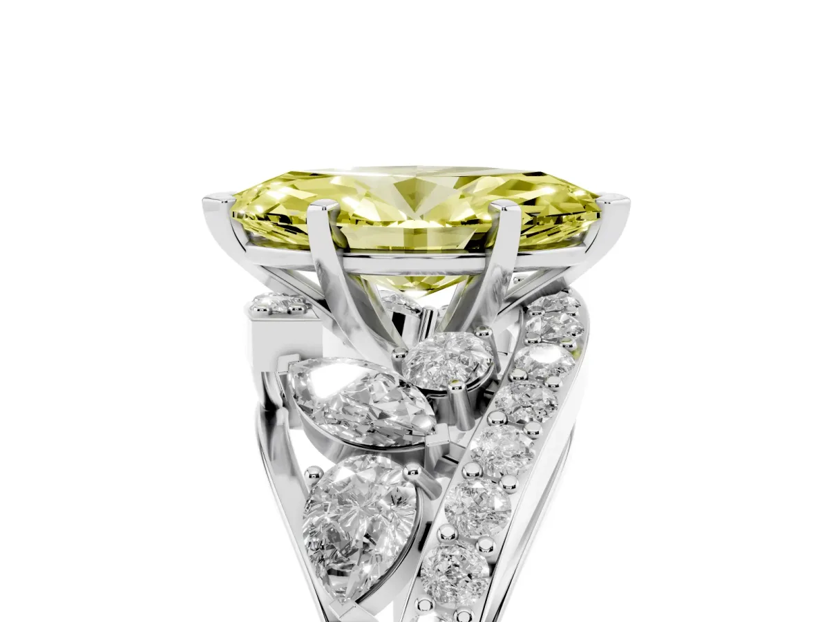 Fancy Yellow Marquise Cut Diamond Halo Ring with Marquise and Pavé Band in Prong Setting Platinum