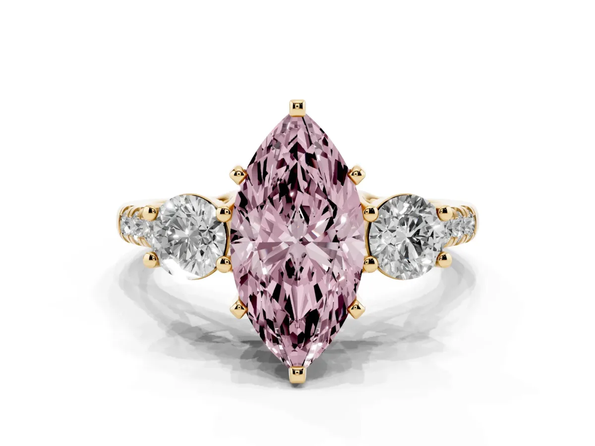 Fancy Pink Three-Stone Marquise Cut Diamond Pavé Band with Four-Prong Setting Yellow gold