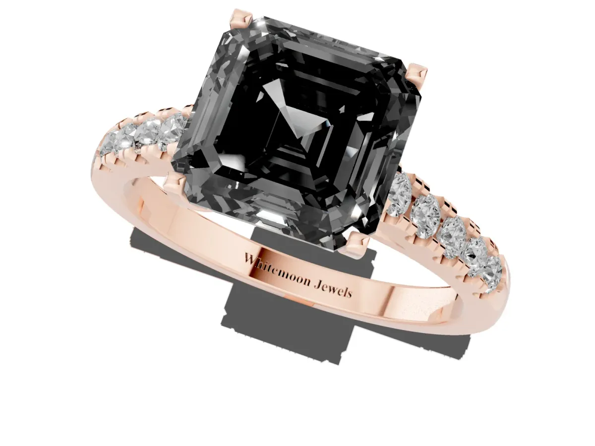 Fancy Black Asscher Cut Diamond Pavé Band Solitaire Ring with Prong Setting Rose gold