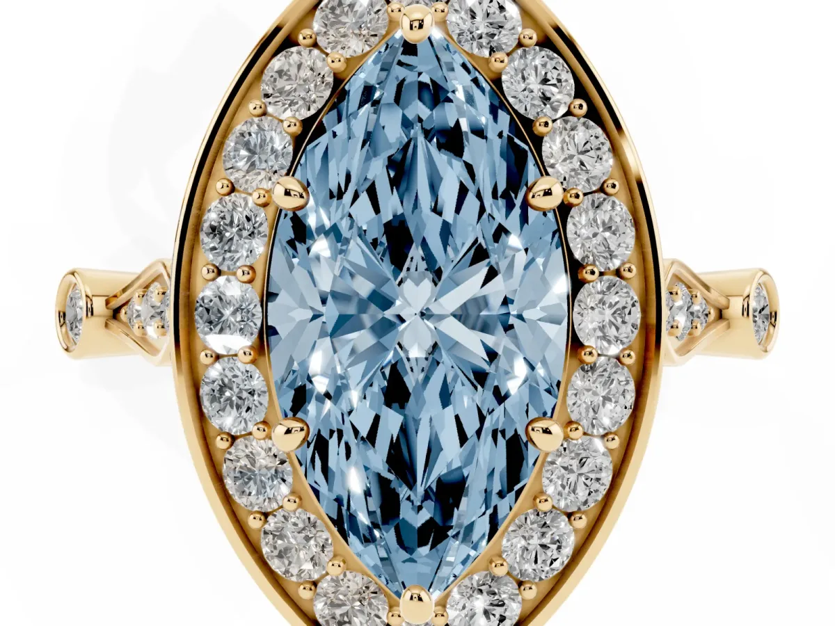 Fancy Blue Marquise Cut Halo Diamond Engagement Ring with Twisted Band and Four-Prong Setting Yellow gold