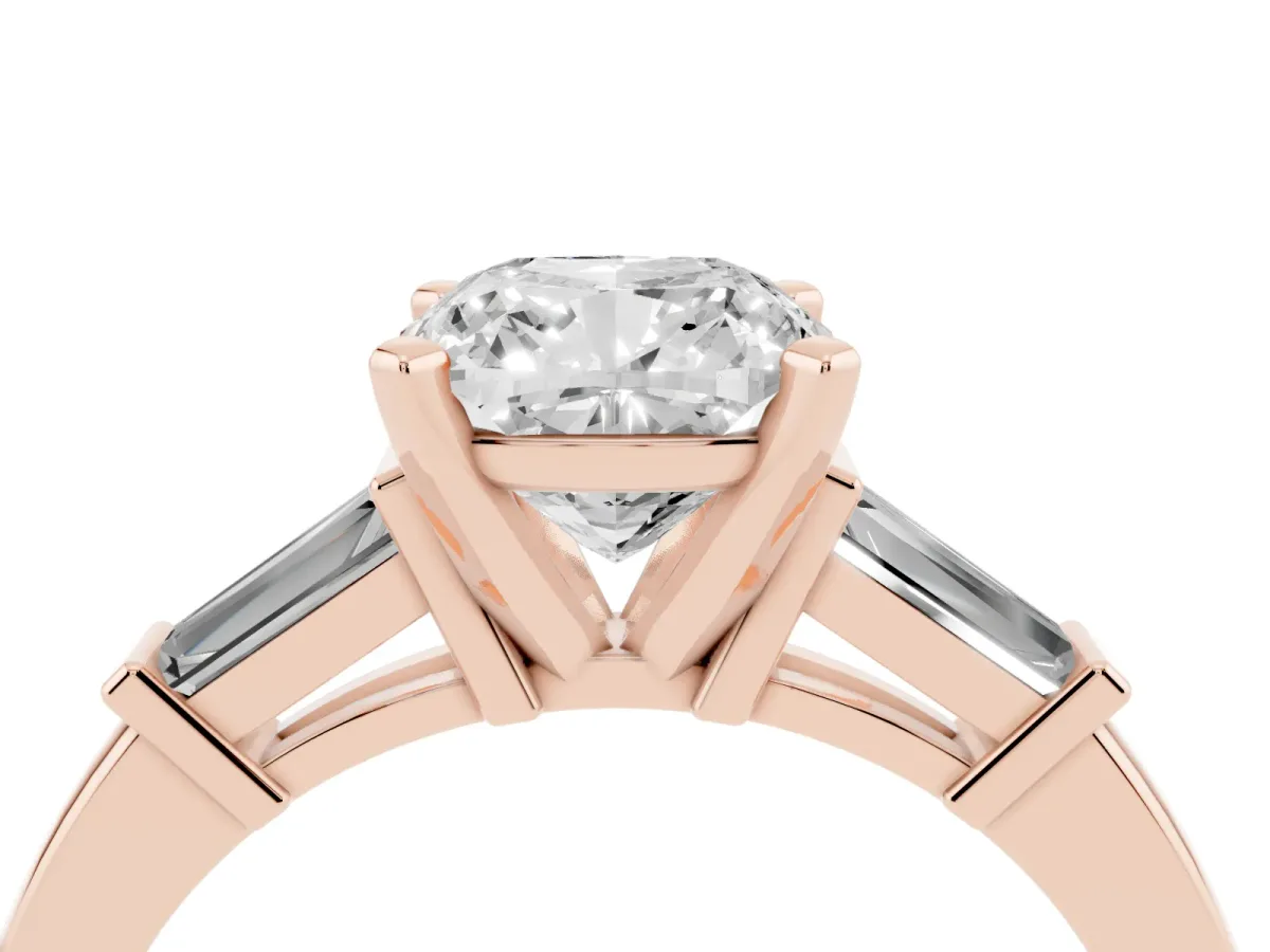 Cushion Cut Cut Diamond Solitaire Ring with Tapered Baguette Accents and Four-Prong Setting Rose gold