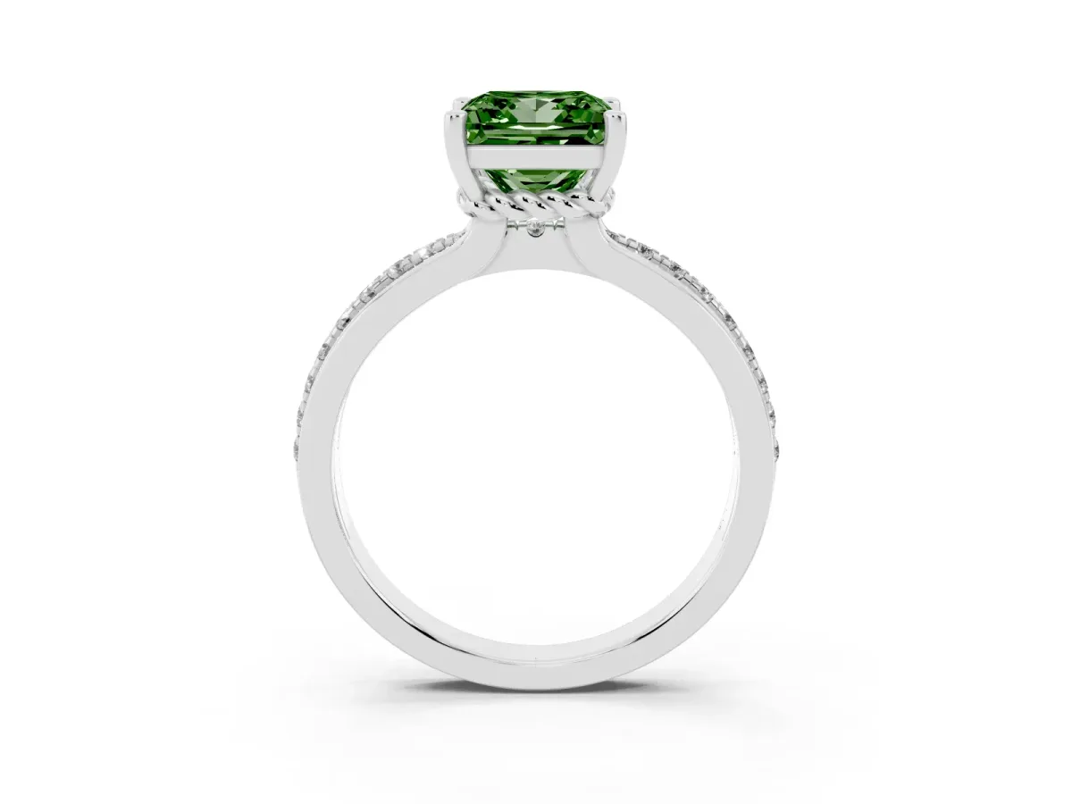 Fancy Green Princess Cut Solitaire Diamond Ring with Channel Set Band and Six-Prong Setting Silver