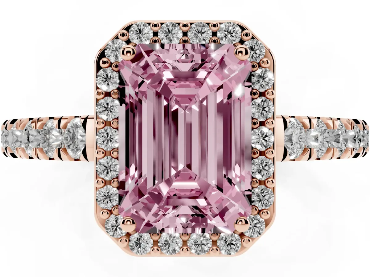 Fancy Pink Emerald Cut Cut Halo Diamond Engagement Ring with Pave Band and Four-Prong Setting Rose gold