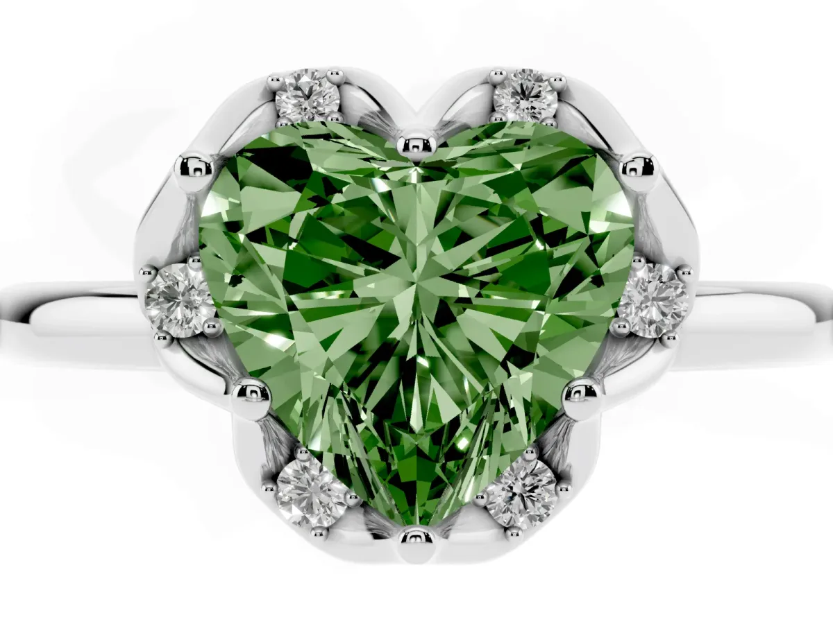 Fancy Green Heart Cut Halo Diamond Ring with Round Cluster Setting, Solitaire Band, and Four-Prong Setting Silver