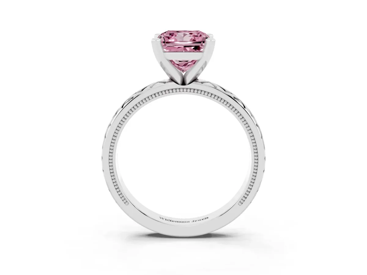 Fancy Pink Princess Cut Solitaire Diamond Ring with Milgrain and Black Enamel X Pattern Band Silver