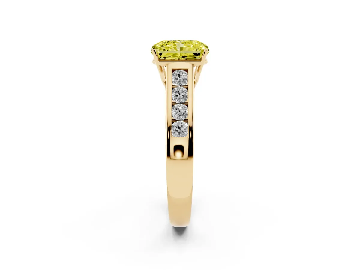 Fancy Yellow Radiant Cut Brilliant Channel-Set Solitaire Ring with Four-Prong Setting Yellow gold