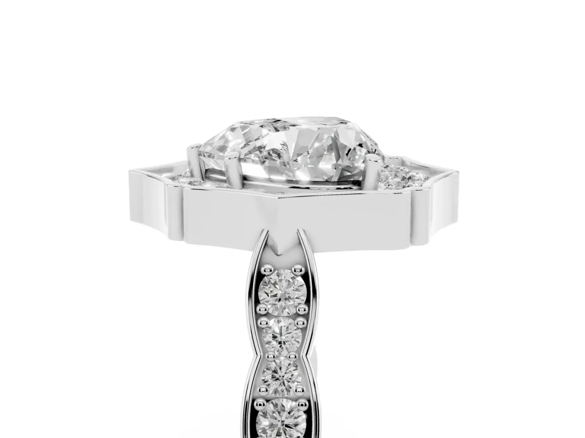 Heart Cut Halo Diamond Engagement Ring with Milgrain Band and Four-Prong Setting Platinum
