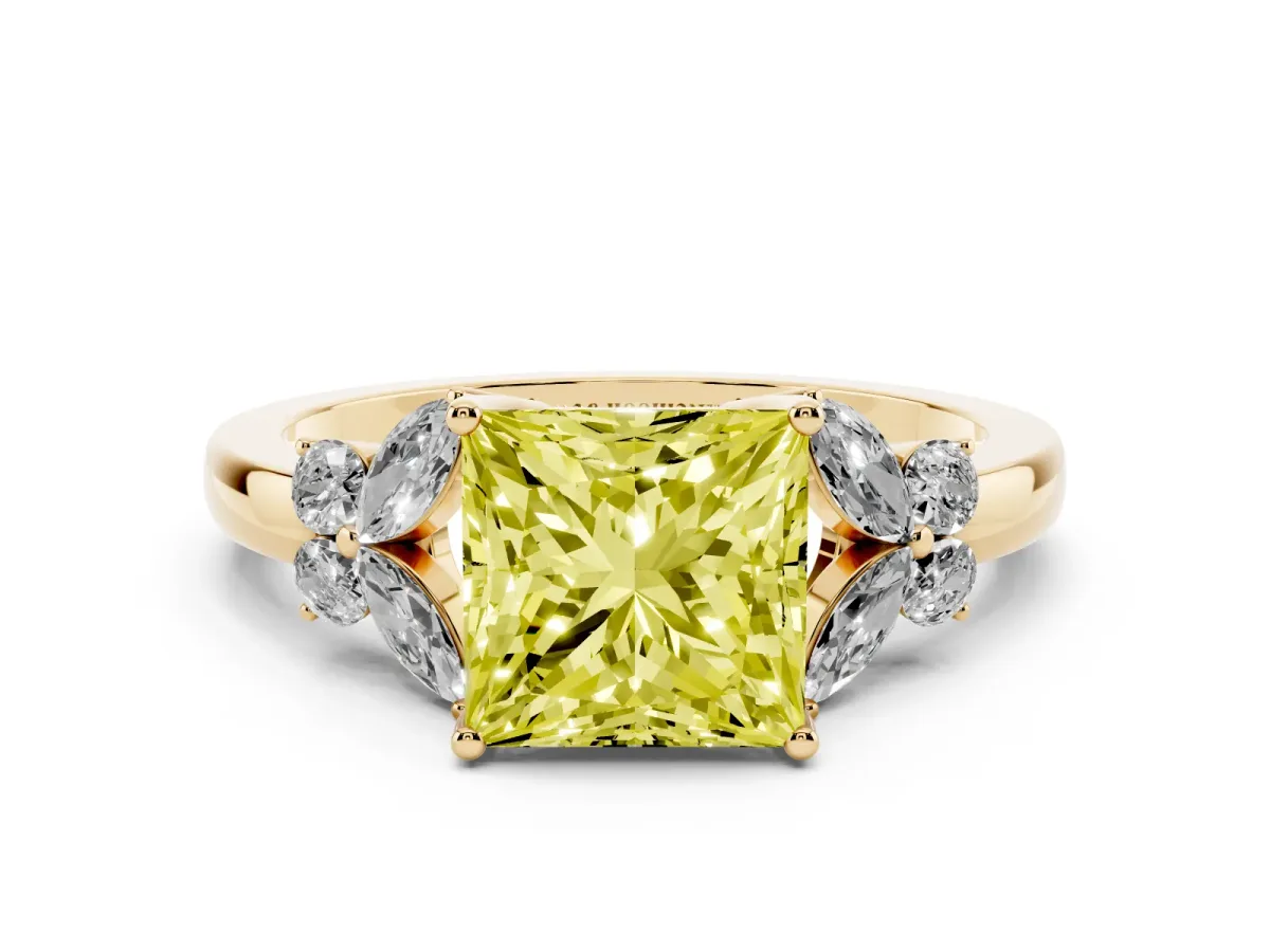 Fancy Yellow Princess Cut Cut Solitaire Floral Diamond Ring with Four-Prong Setting Yellow gold