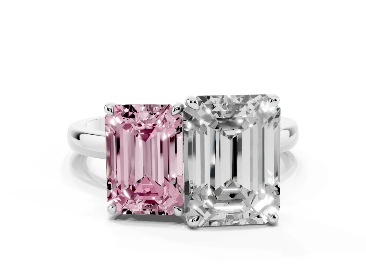 Fancy Pink Emerald Cut and Emerald Cut Toi Moi Ring with Prong Setting Platinum
