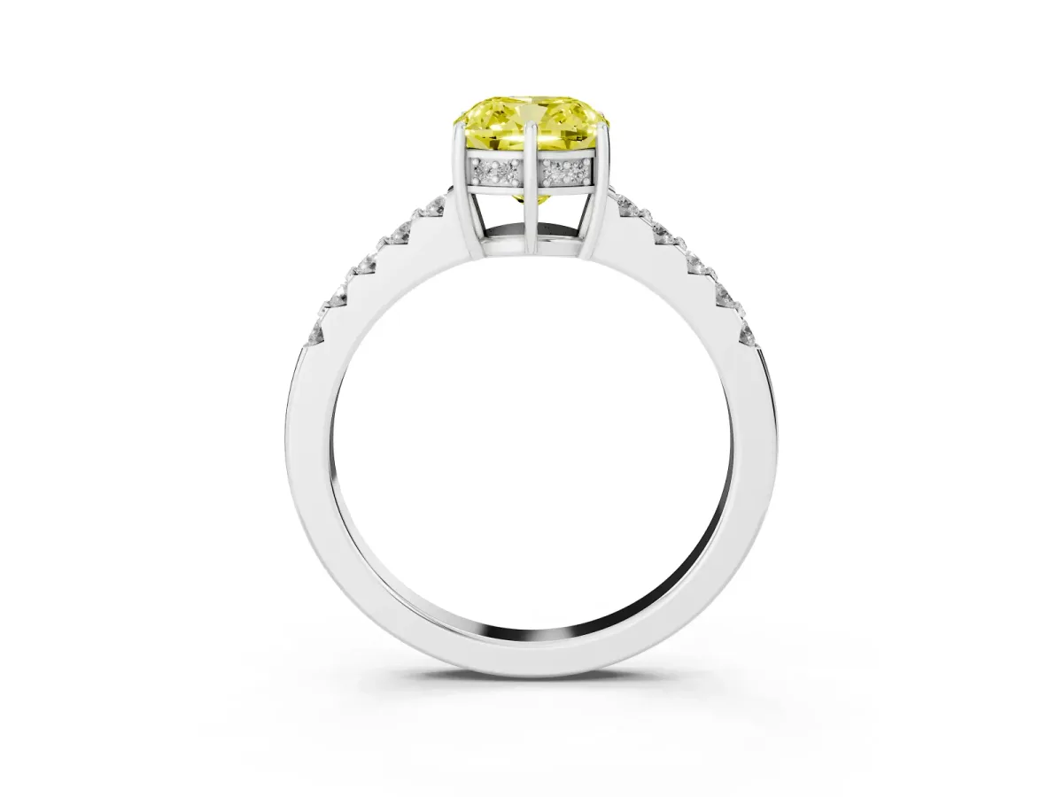 Fancy Yellow Cushion Cut Solitaire Diamond Engagement Ring with Pavé Band and Six-Prong Setting White gold