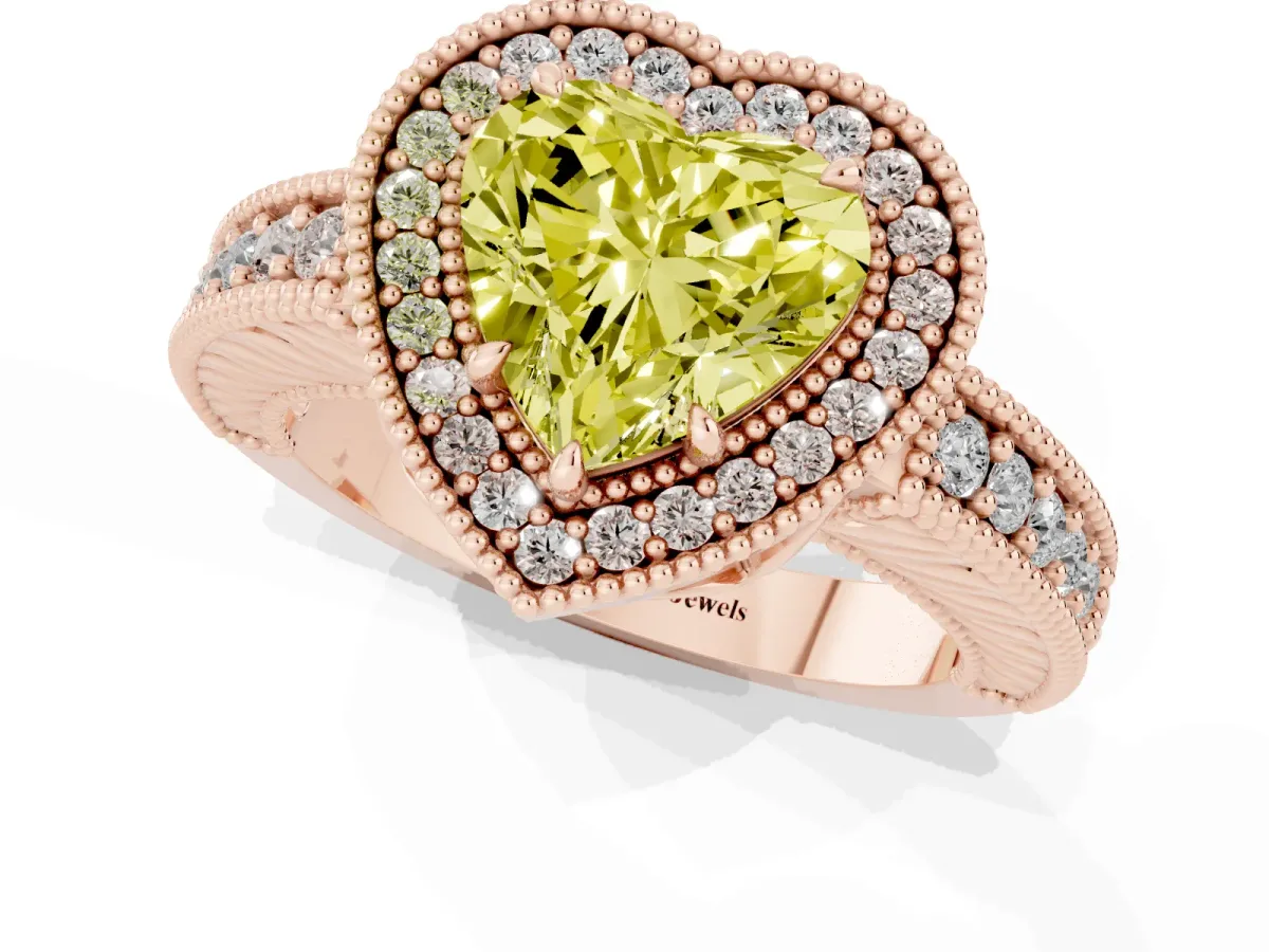 Fancy Yellow Heart Cut Cut Halo Diamond Ring with Pavé Band and Four-Prong Setting Rose gold