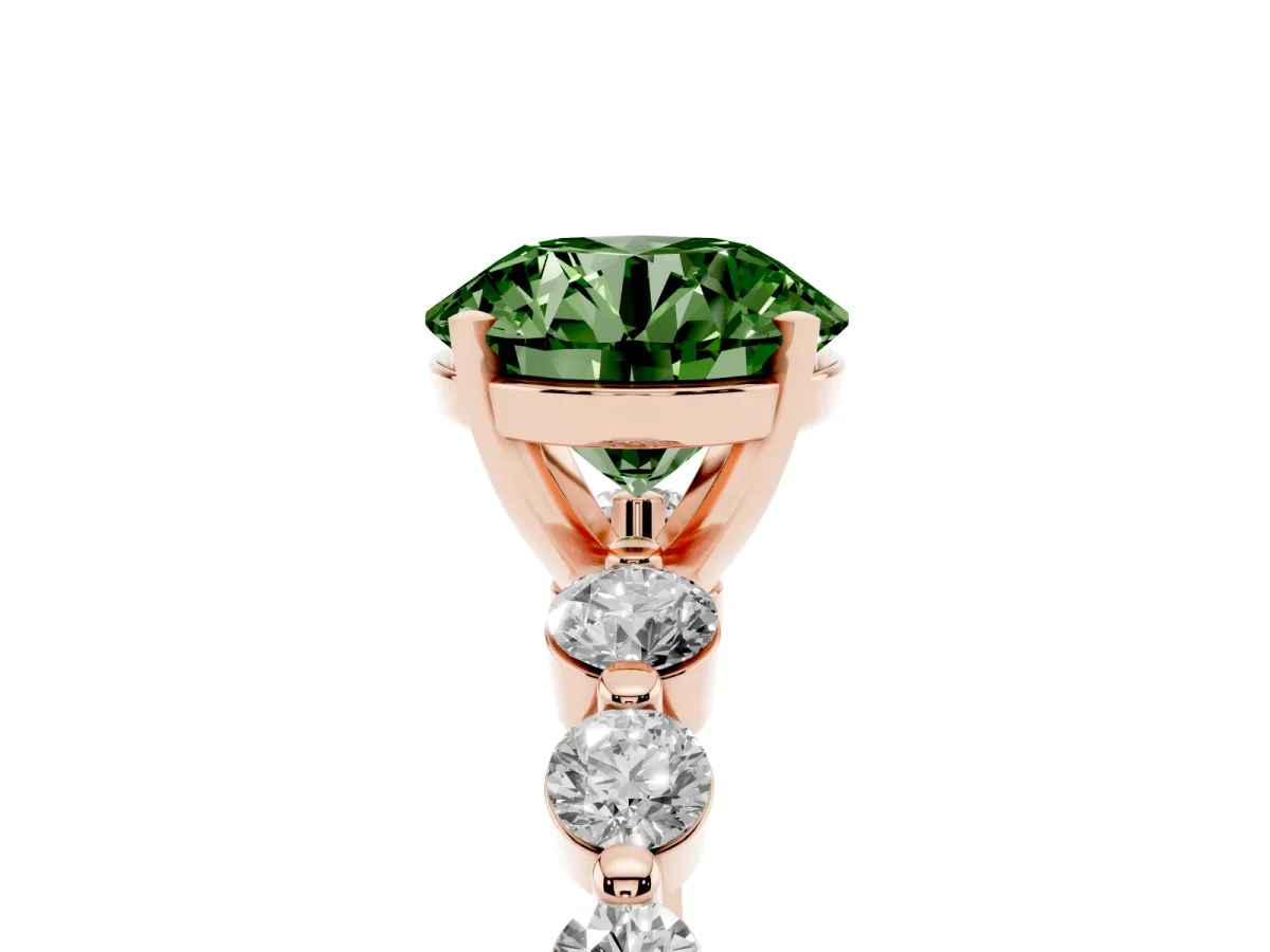 Fancy Green Round Cut Solitaire Diamond Ring with Pave Band and Four-Prong Setting Rose gold