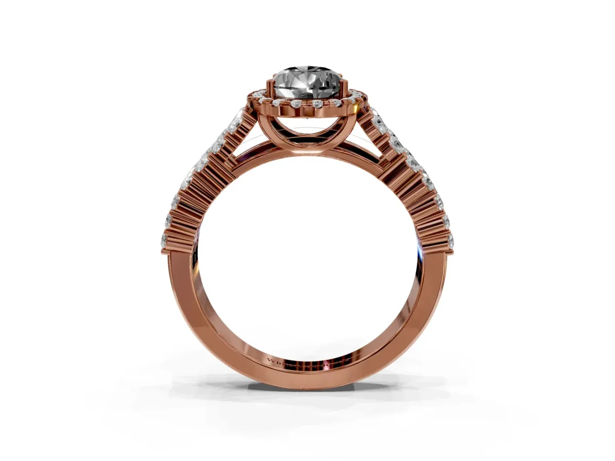 Fancy Black Pear Cut Diamond Halo Engagement Ring with Triple Row Round Pavé Band and Prong Setting Rose gold
