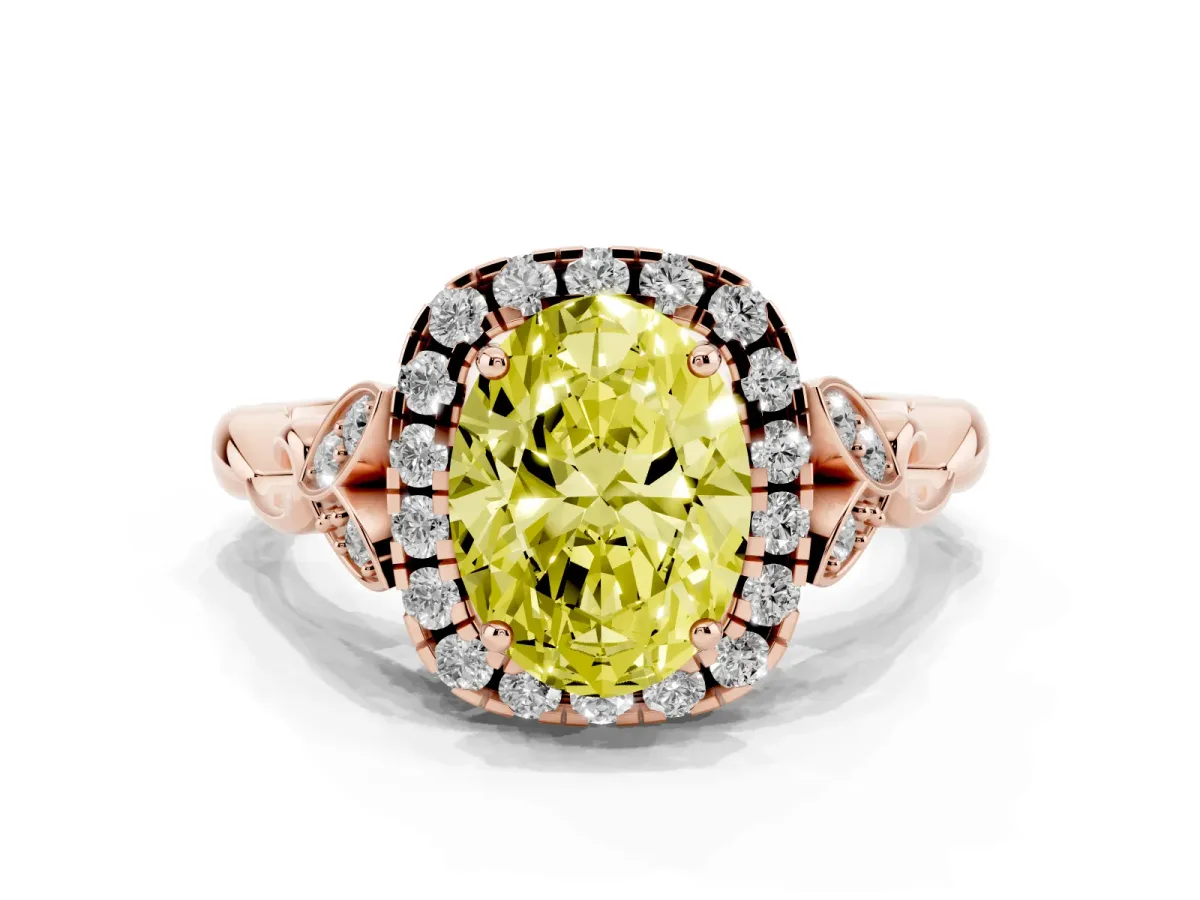 Fancy Yellow Oval Cut Halo Diamond Engagement Ring with Vintage-Inspired Band and Four-Prong Setting Rose gold