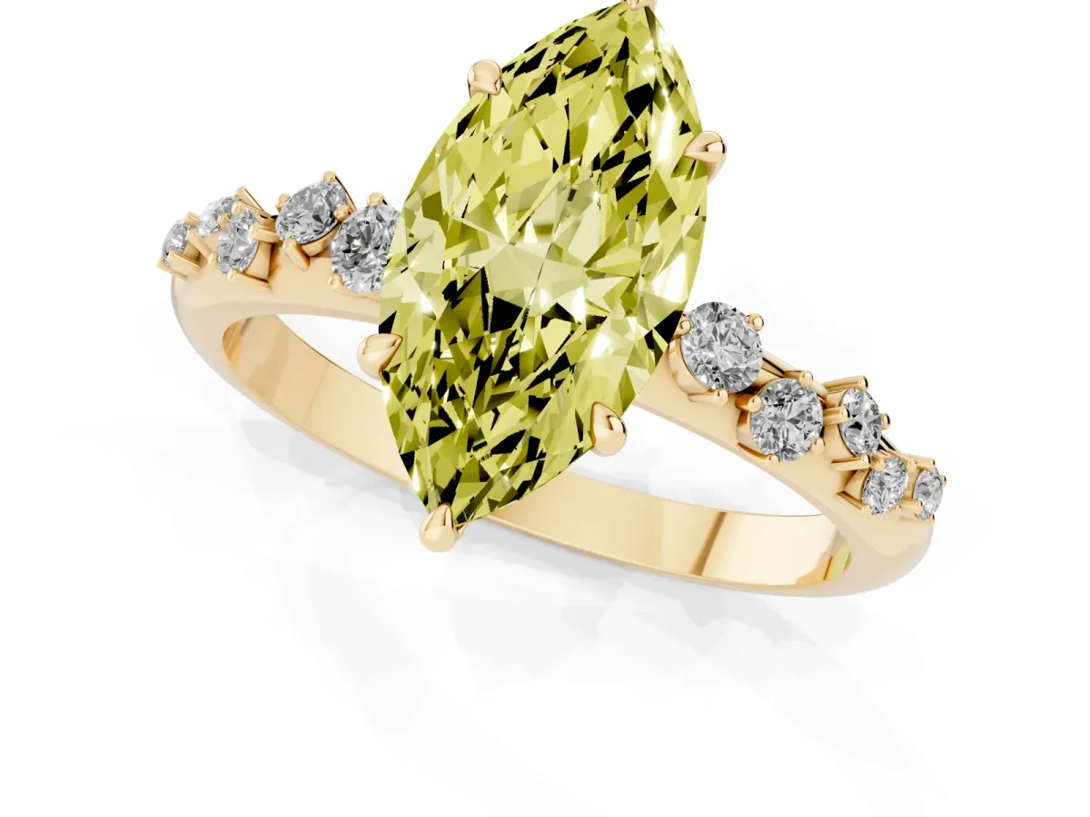 Fancy Yellow Marquise Cut Diamond Cluster Prong-Set Solitaire Ring Yellow gold
