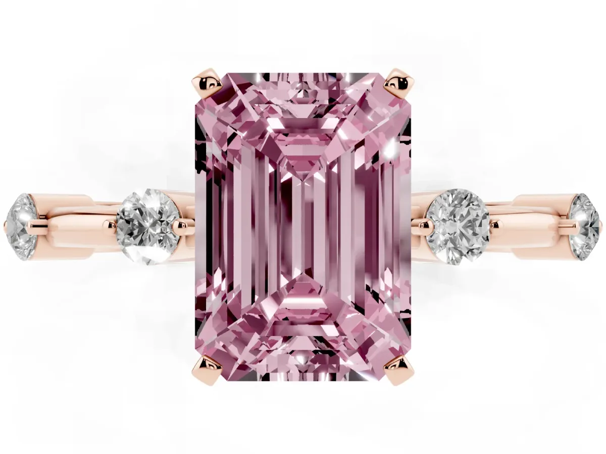 Fancy Pink Emerald Cut Solitaire Diamond Ring with Bezel Set Side Stones and Prong Setting Rose gold