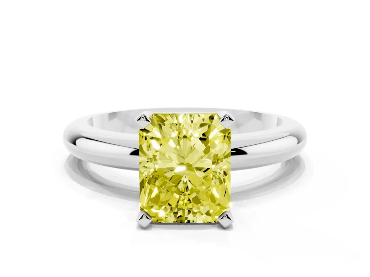 Fancy Yellow Radiant Cut Diamond Solitaire Engagement Ring with Round Band and Four-Prong Setting Platinum