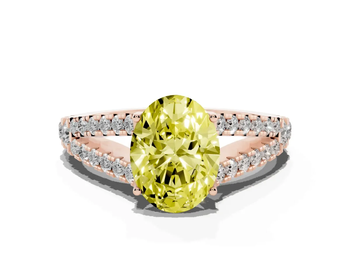 Fancy Yellow Oval Cut Diamond Split Shank Pavé Engagement Ring with Four-Prong Setting Rose gold