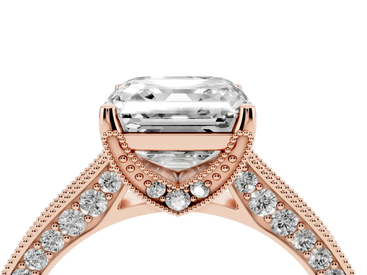 Asscher Cut Cut Diamond Solitaire Ring with Milgrain Pave Band and Four Prong Setting Rose gold