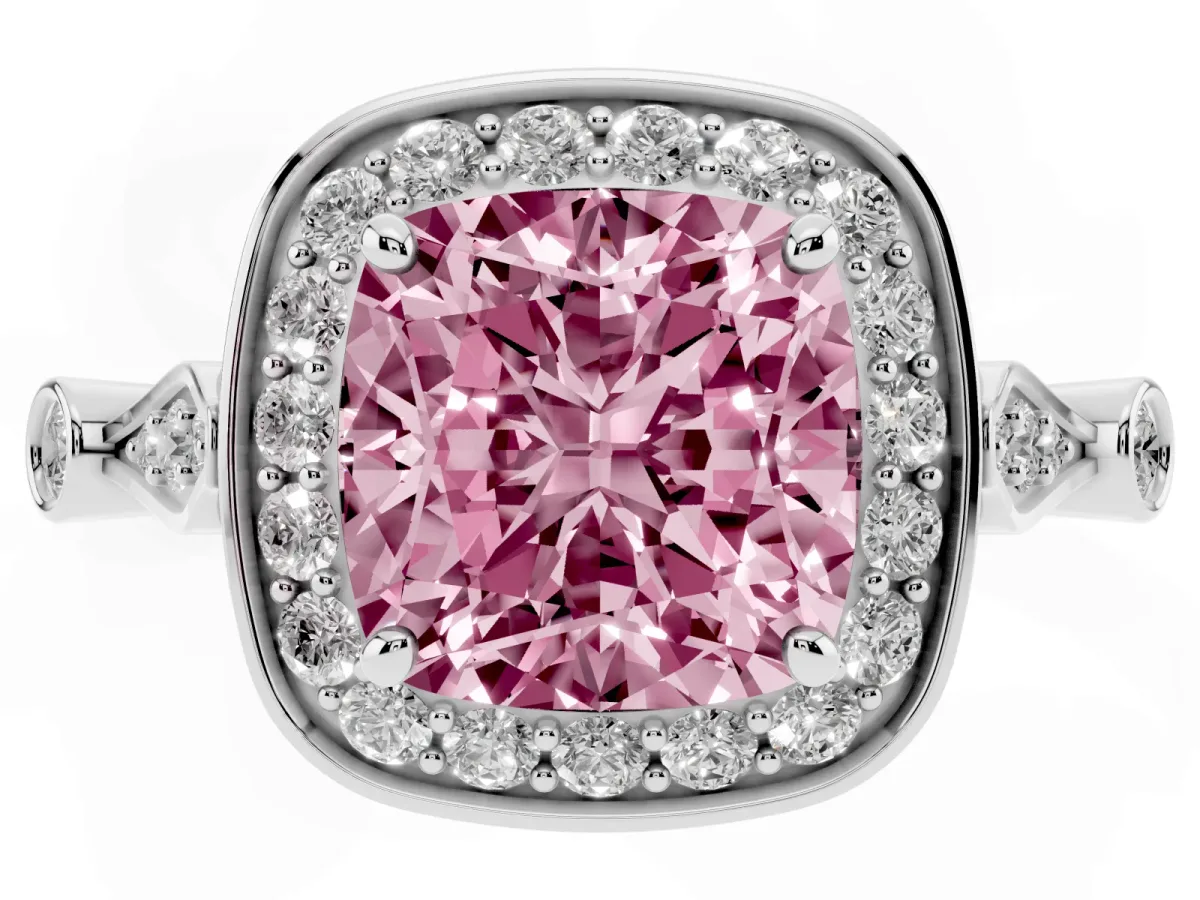 Fancy Pink Cushion Cut Halo Diamond Engagement Ring with Twisted Band and Four-Prong Setting Platinum