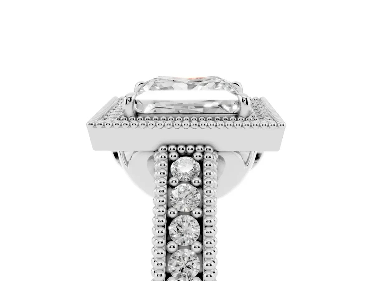 Princess Cut Cut Halo Diamond Ring with Pavé Band and Four-Prong Setting White gold