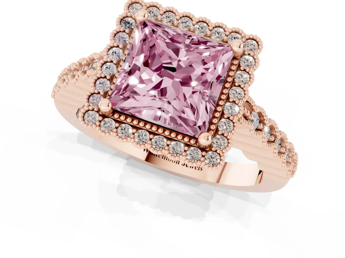 Fancy Pink Princess Cut Cut Halo Pavé Solitaire Ring with Milgrain Band Rose gold