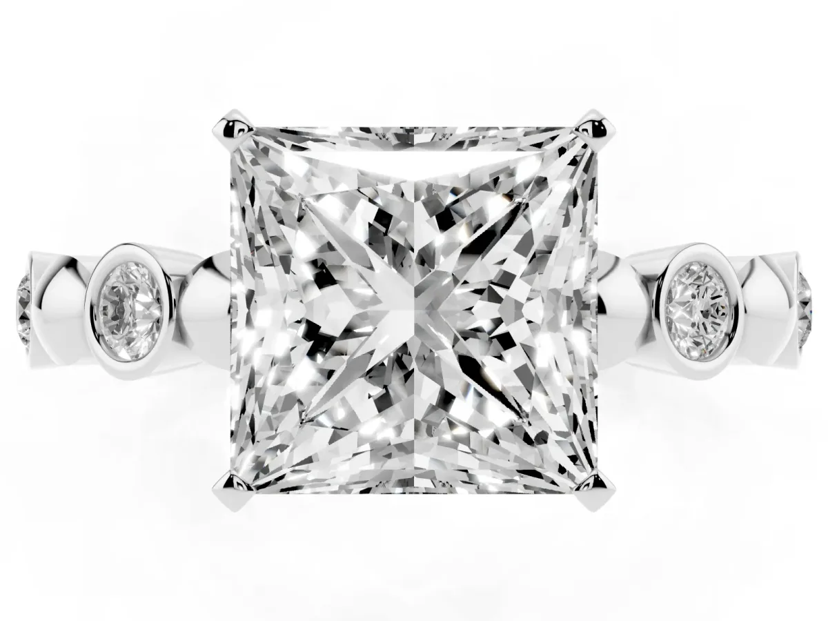 Princess Cut Solitaire Bezel-Set Diamond Ring with Beaded Band and Four-Prong Setting Silver