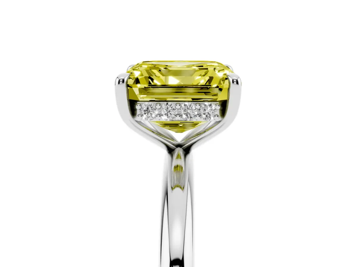 Fancy Yellow Asscher Cut Diamond Solitaire Ring with Thin Band and Four-Prong Setting Silver