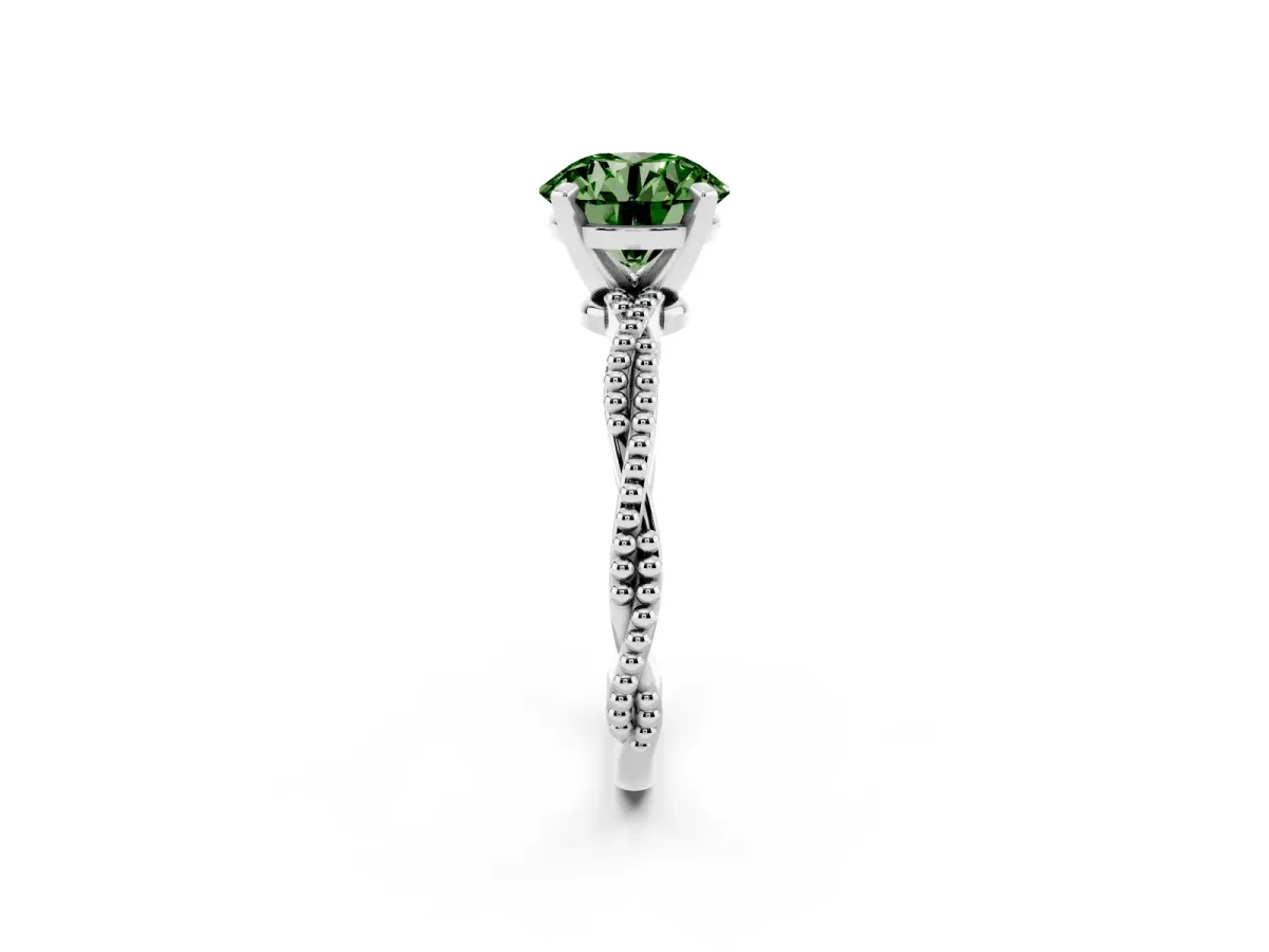 Fancy Green Round Cut Solitaire Twisted Band with Bead Prong Setting White gold