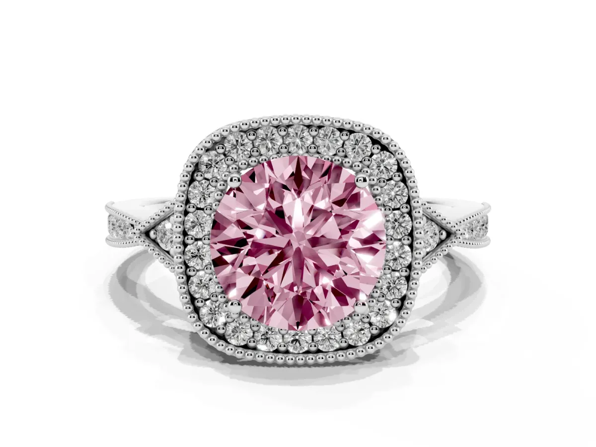Fancy Pink Round Cut Halo Round Diamond Milgrain Pave Engagement Ring White gold
