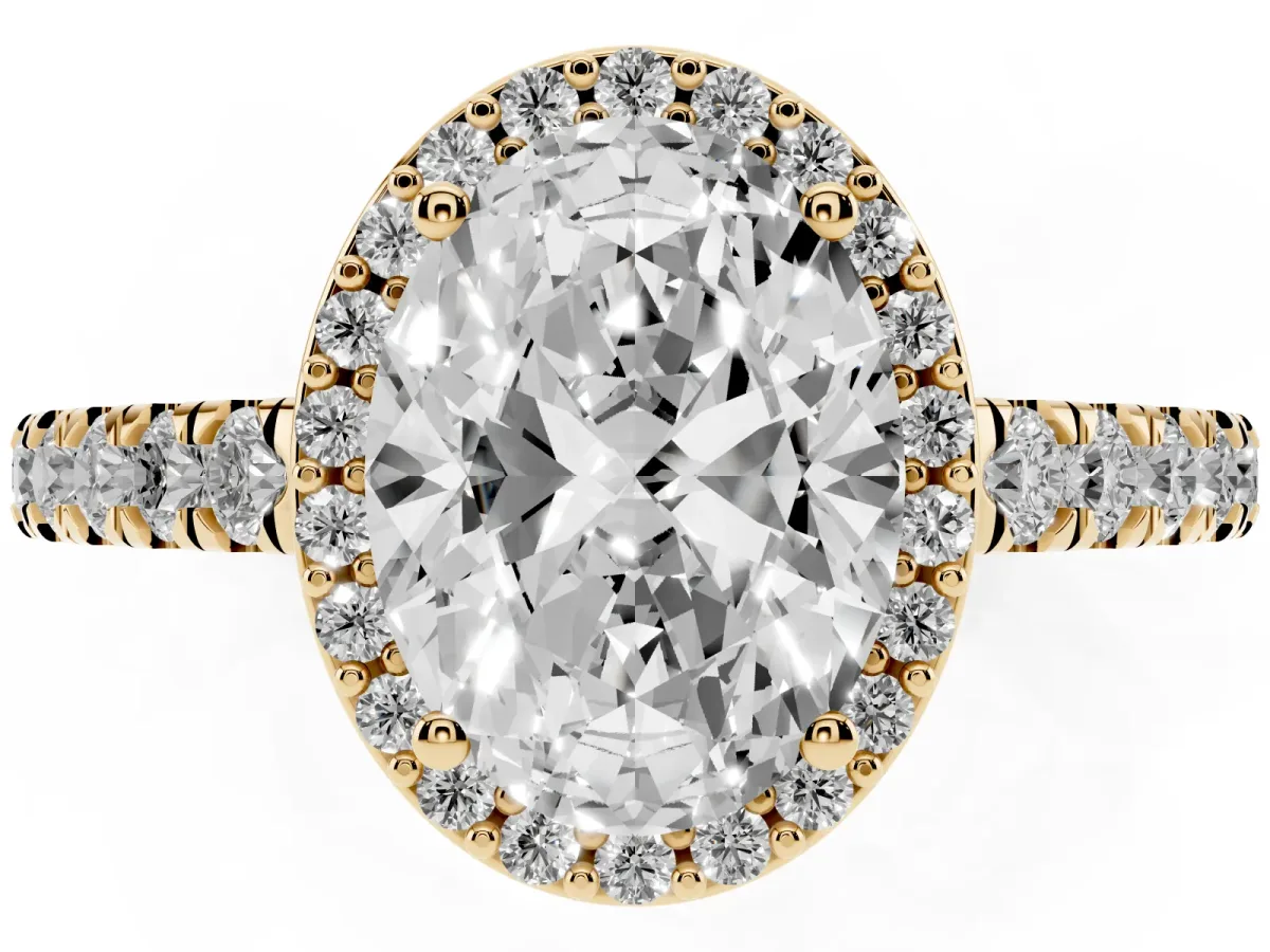 Oval Cut Cut Halo Diamond Engagement Ring with Pave Band and Four-Prong Setting Yellow gold