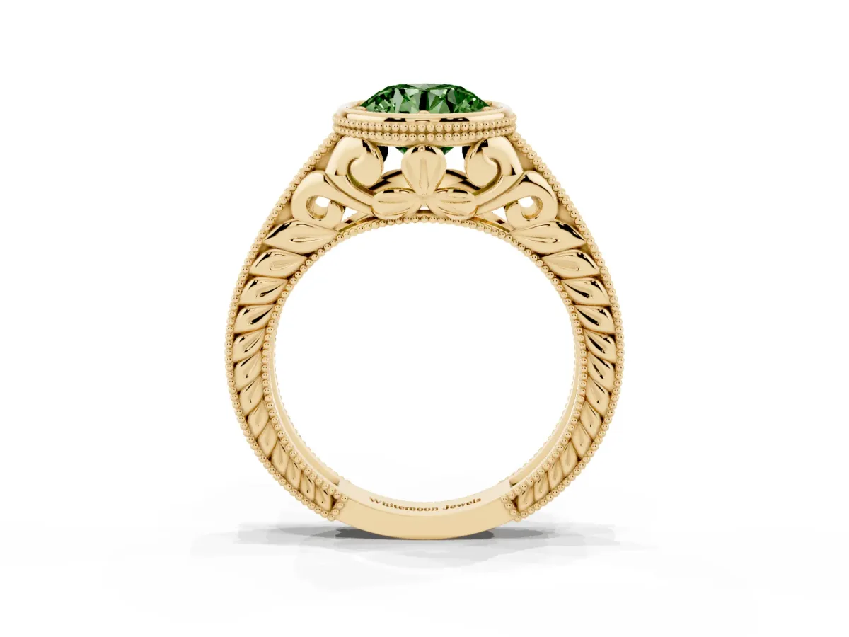 Fancy Green Bezel Set Round Cut Diamond Milgrain Pave Engagement Ring Yellow gold