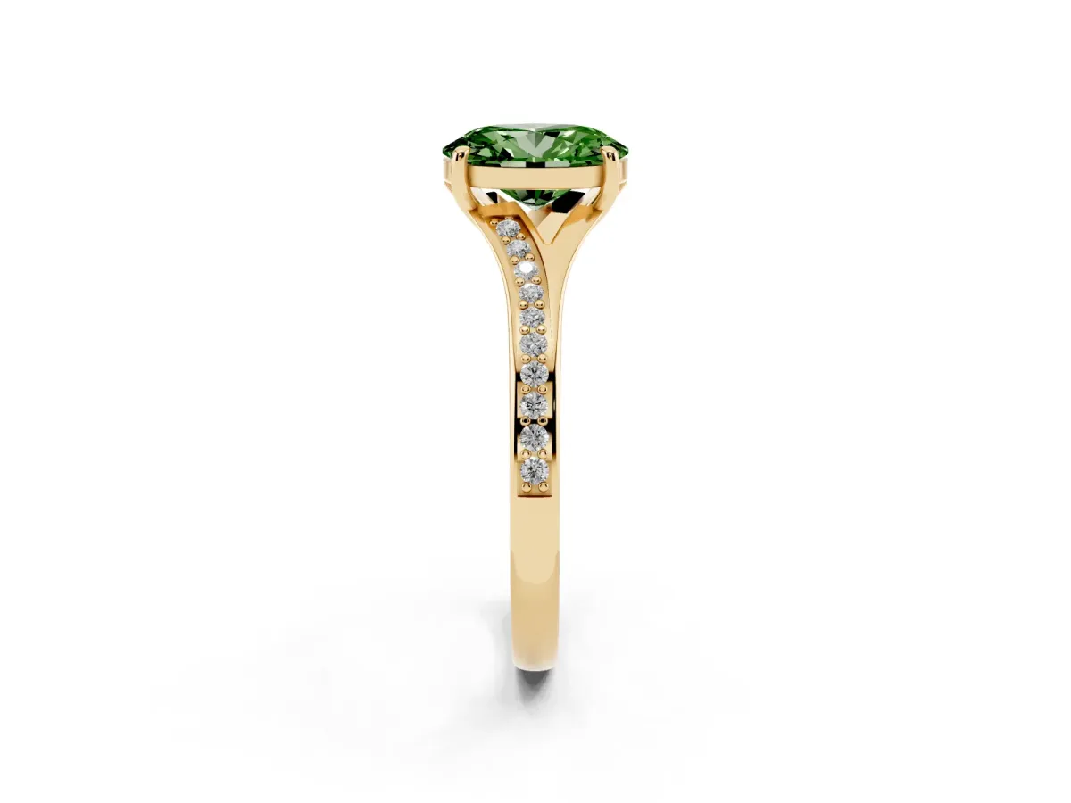 Fancy Green Oval Cut Diamond Solitaire Ring with Pavé Band and Prong Setting Yellow gold