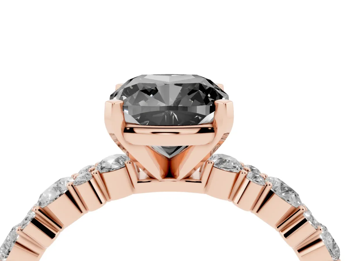 Fancy Black Cushion Cut Diamond Side Stone Solitaire Ring with Round and Four-Prong Setting Rose gold
