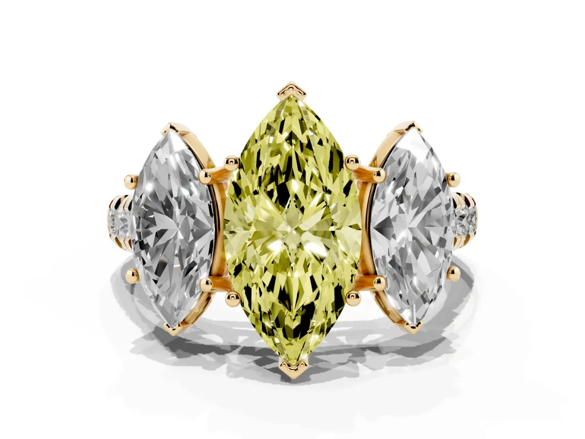 Fancy Yellow Three-Stone Marquise Cut Diamond Pavé Band with Prong Setting Yellow gold
