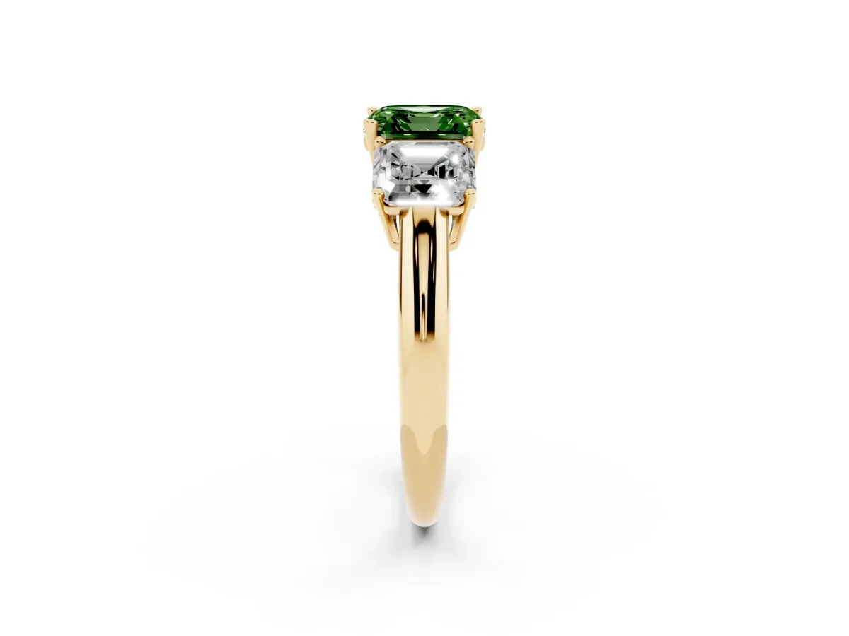 Fancy Green Three-Stone Asscher Cut Cut Diamond Engagement Ring with Prong Setting on a White Gold Band Yellow gold