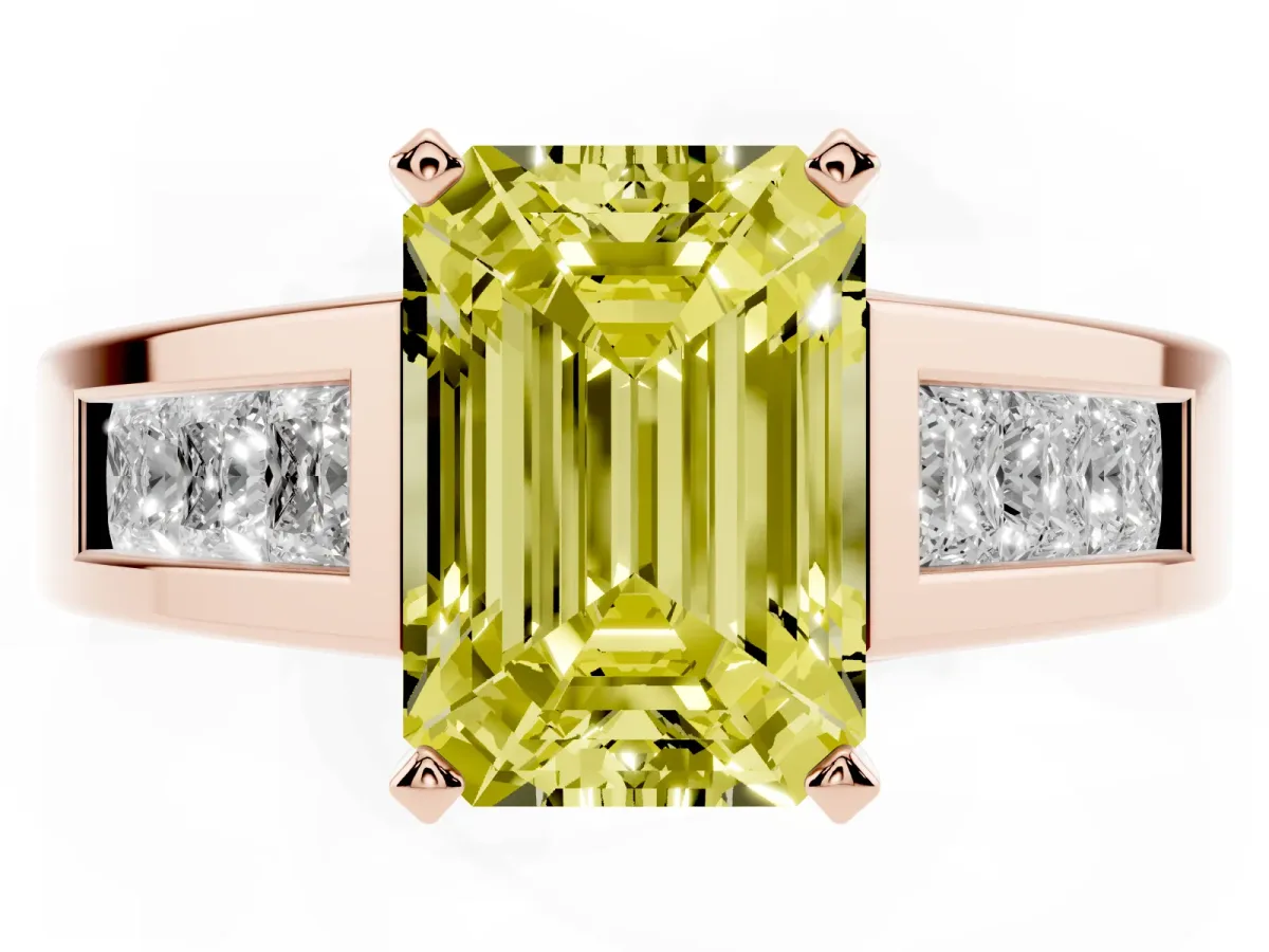Fancy Yellow Emerald Cut Cut Channel Set Solitaire Ring with Four-Prong Setting Rose gold