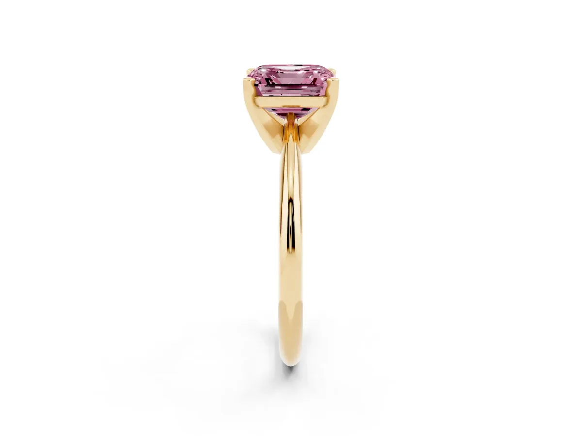 Fancy Pink Asscher Cut Cut Solitaire Ring with Four-Prong Setting on a Classic Band Yellow gold