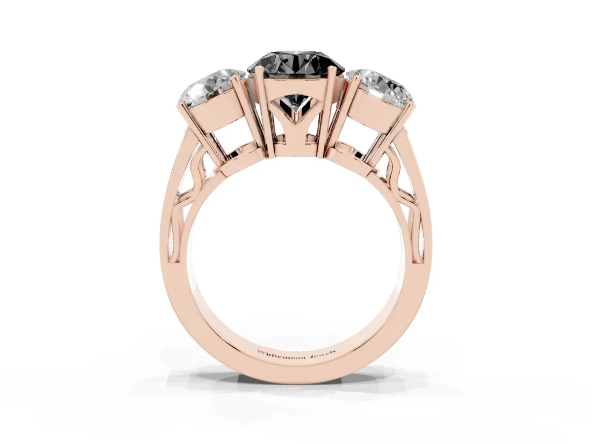 Fancy Black Round Cut Diamond Three-Stone Ring with Prong Setting and Textured Band Rose gold