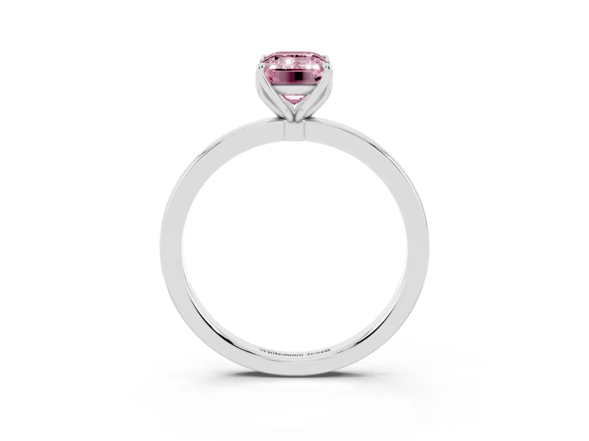 Fancy Pink Emerald Cut Diamond Solitaire Ring with Thin Band and Prong Setting White gold
